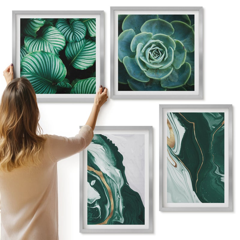 Galeria ścienna 4-częściowy komplet obrazów w srebrnych ramach - Abstrakcyjne wzorów farb liście rośliny sukulent - ArtPrintCave