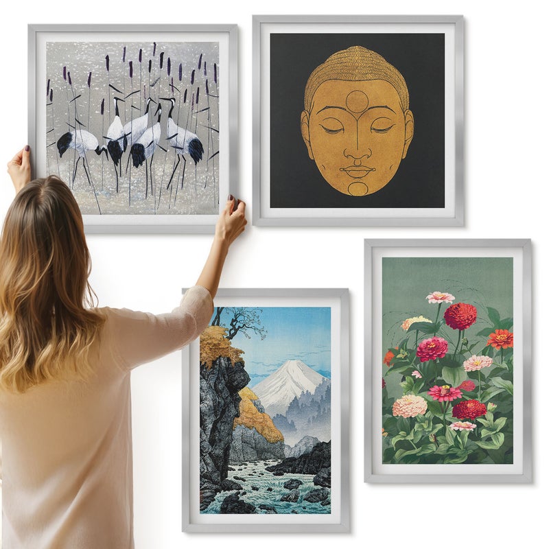 Galeria ścienna 4-częściowy komplet obrazów w srebrnych ramach - Japońska natura i kultura styl japandi - ArtPrintCave