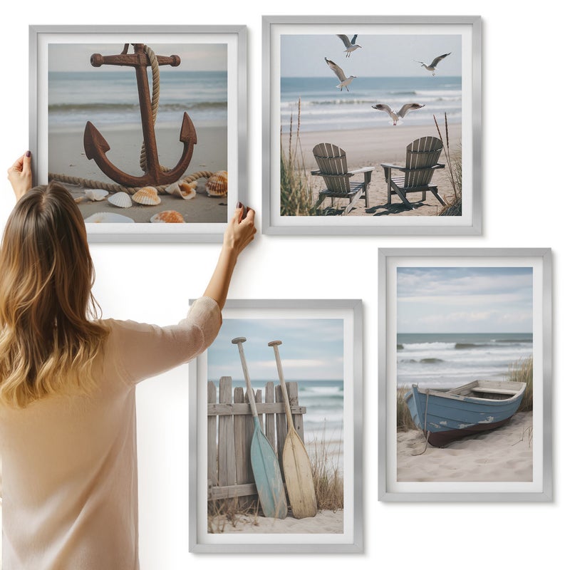 Galeria ścienna 4-częściowy komplet obrazów w srebrnych ramach - Letnie widoki na plaży krajobraz znad morza - ArtPrintCave