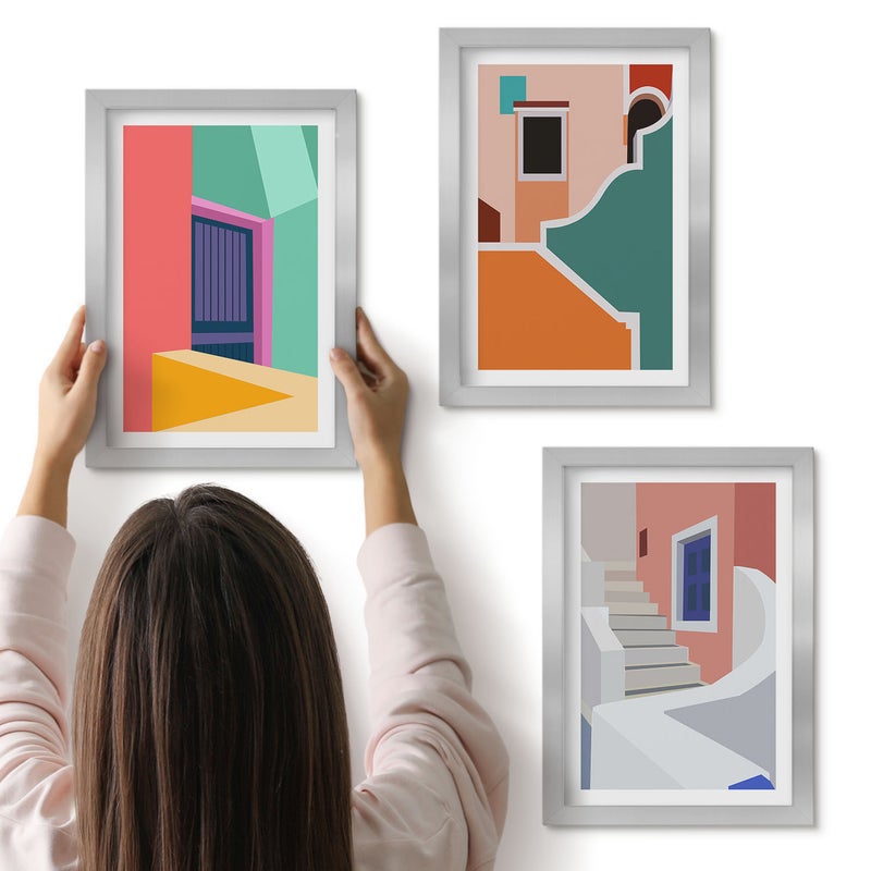 Galeria ścienna 3-częściowy komplet obrazów w srebrnych ramach - Kolorowe ilustracje budynków w stylu nowoczesnym - ArtPrintCave