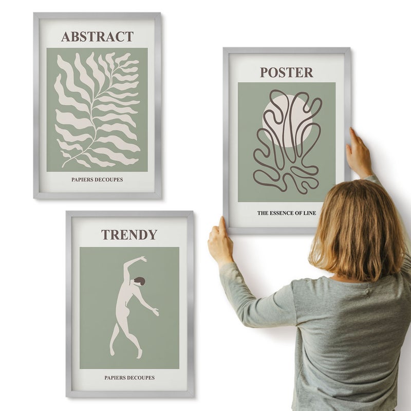 Galeria ścienna 3-częściowy komplet obrazów w srebrnych ramach - Roślinne wzory w odcieniach zieleni Henri Matisse - ArtPrintCave