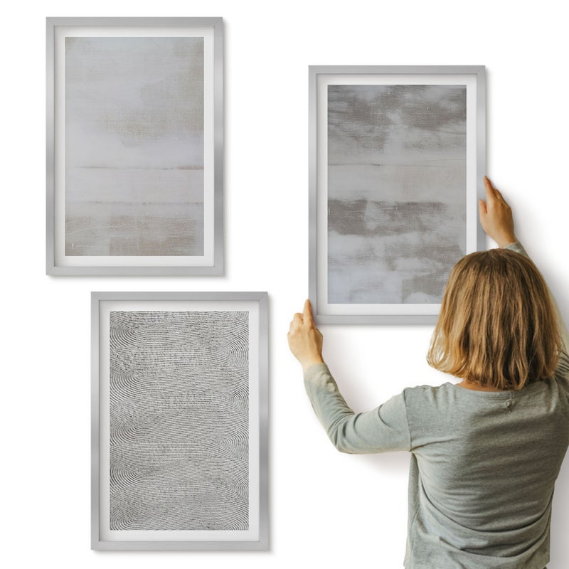 Galeria ścienna 3-częściowy komplet obrazów w srebrnych ramach - Nowoczesne struktury tekstury w minimalistycznym stylu - ArtPrintCave