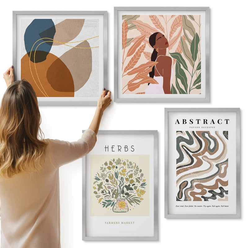 Galeria ścienna 4-częściowy komplet obrazów w srebrnych ramach - Estetyka boho pastelowe minimalistyczne postery - ArtPrintCave
