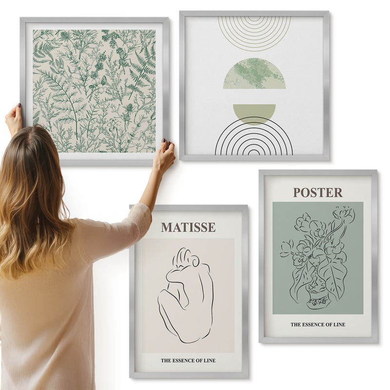 Galeria ścienna 4-częściowy komplet obrazów w srebrnych ramach - Linie i roślinne wzory w minimalistycznym stylu - ArtPrintCave
