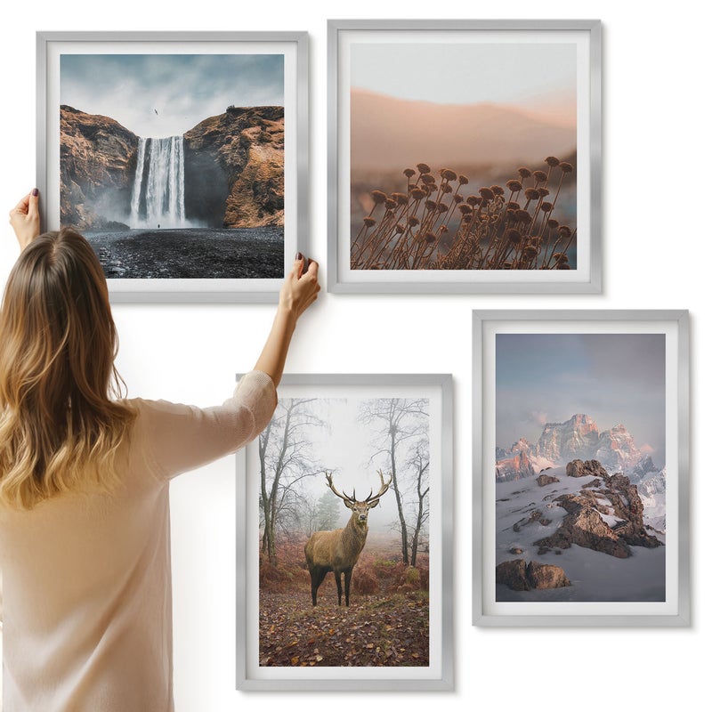 Galeria ścienna 4-częściowy komplet obrazów w srebrnych ramach - Naturalne dzikie krajobrazy góry jelenie i wodospady - ArtPrintCave