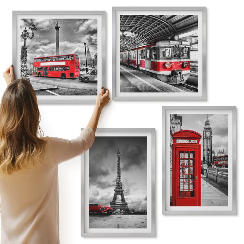 Galeria ścienna 4-częściowy komplet obrazów w srebrnych ramach - Ikony miast Londyn Paryż i transport kolejowy - ArtPrintCave