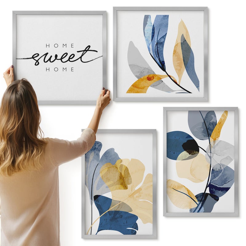 Galeria ścienna 4-częściowy komplet obrazów w srebrnych ramach - Roślinne motywy w akwarelowym stylu - ArtPrintCave