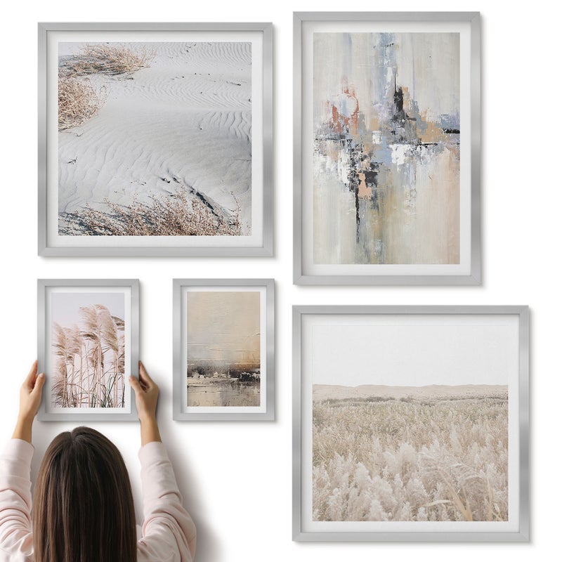 Galeria ścienna 5-częściowy komplet obrazów w srebrnych ramach - Stylowe dekoracje w odcieniach natury i minimalizmu - ArtPrintCave