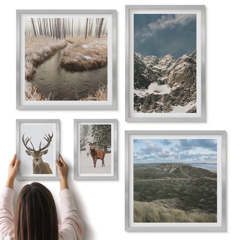Galeria ścienna 5-częściowy komplet obrazów w srebrnych ramach - Dzika natura i majestatyczne krajobrazy górskie - ArtPrintCave