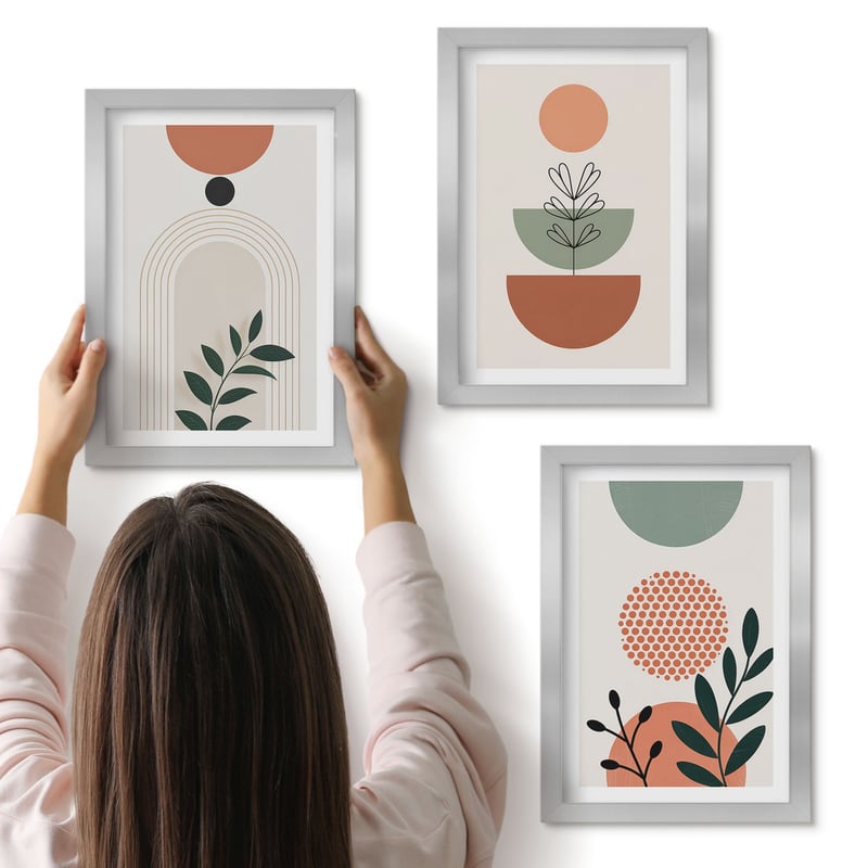 Galeria ścienna 3-częściowy komplet obrazów w srebrnych ramach - Roślinne motywy w nowoczesnych kształtach i kolorach - ArtPrintCave