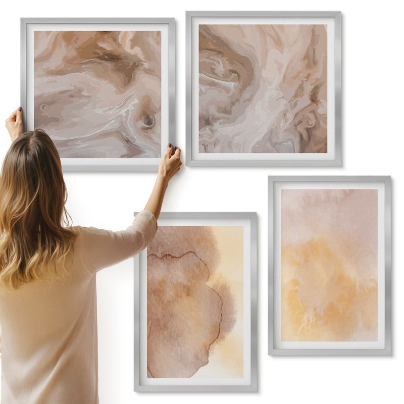 Galeria ścienna 4-częściowy komplet obrazów w srebrnych ramach - Ciepłe akwarele na płótnie barwne tekstury - ArtPrintCave