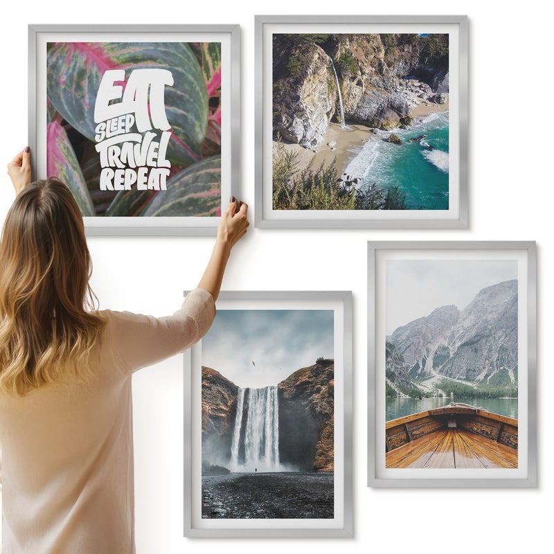 Galeria ścienna 4-częściowy komplet obrazów w srebrnych ramach - Wodospad góry podróże natura łódź i roślinność - ArtPrintCave