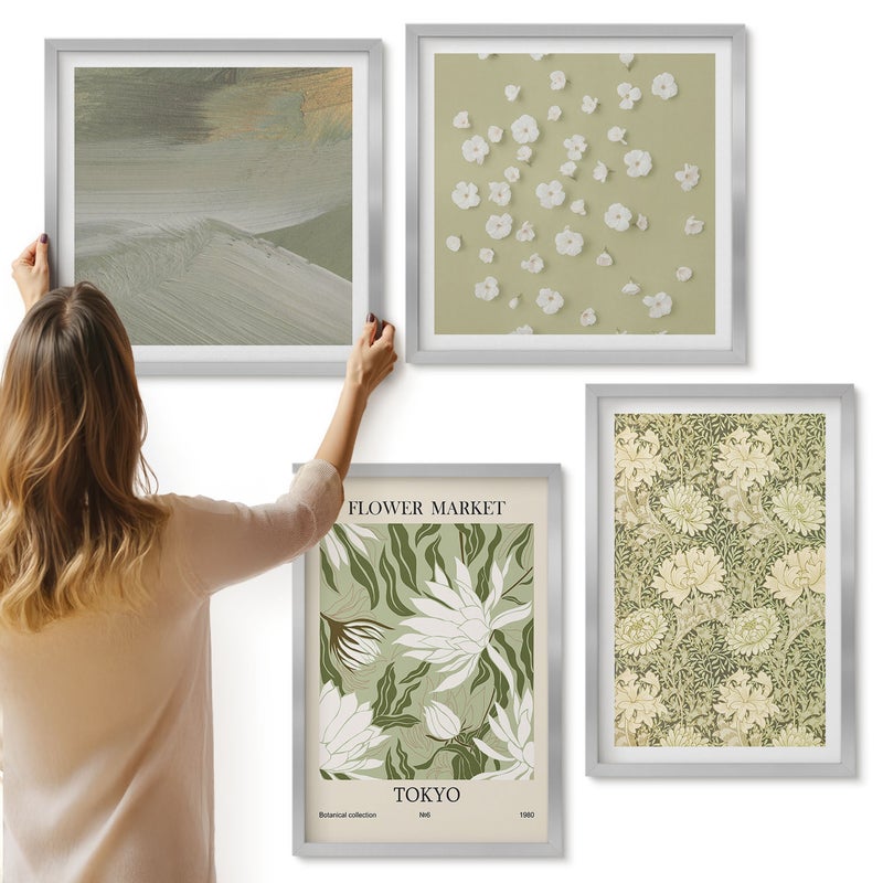 Galeria ścienna 4-częściowy komplet obrazów w srebrnych ramach - Roślinne wzory i abstrakcje styl boho - ArtPrintCave