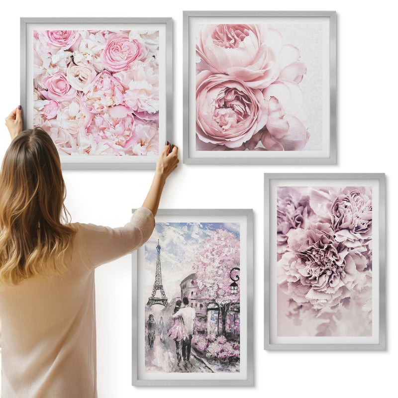 Galeria ścienna 4-częściowy komplet obrazów w srebrnych ramach - Kwiaty w odcieniach różu romantyczny krajobraz - ArtPrintCave