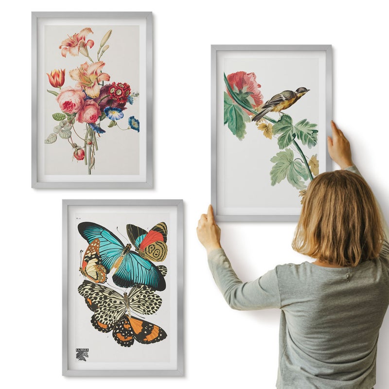 Galeria ścienna 3-częściowy komplet obrazów w srebrnych ramach - Kwiaty motyle i ptak w pastelowych odcieniach - ArtPrintCave
