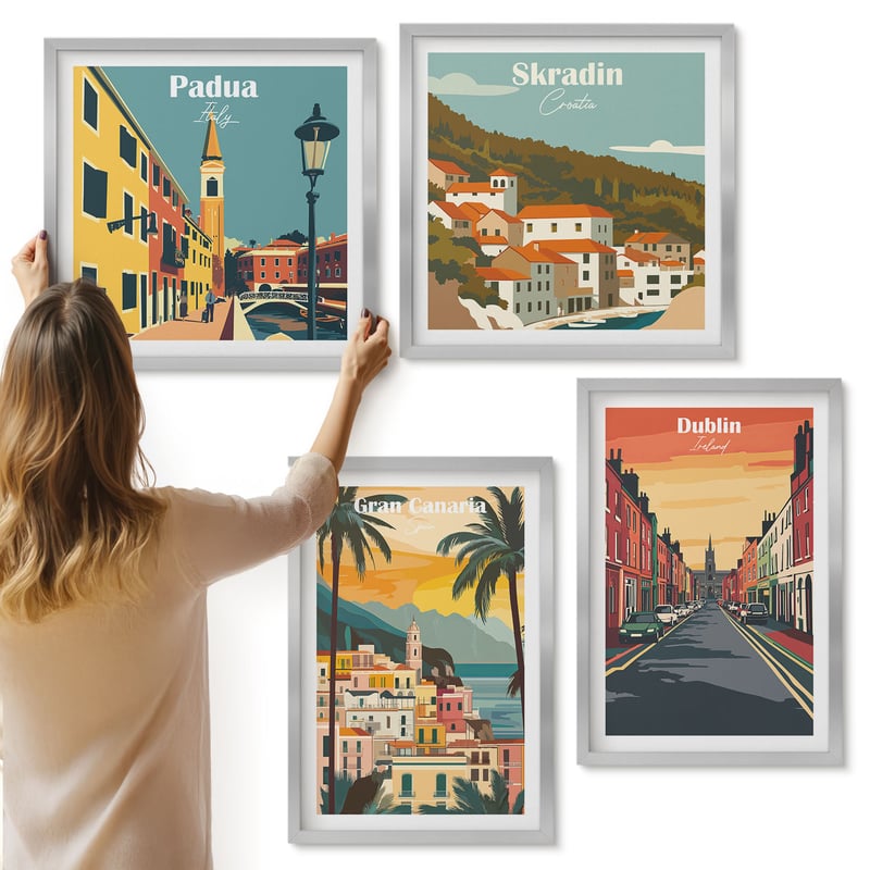 Galeria ścienna 4-częściowy komplet obrazów w srebrnych ramach - Krajobrazy miast i natury w ciepłych kolorach - ArtPrintCave