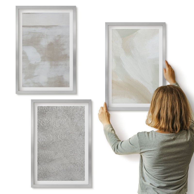 Galeria ścienna 3-częściowy komplet obrazów w srebrnych ramach - Abstrakcja w designie nowoczesne tekstury malarskie - ArtPrintCave