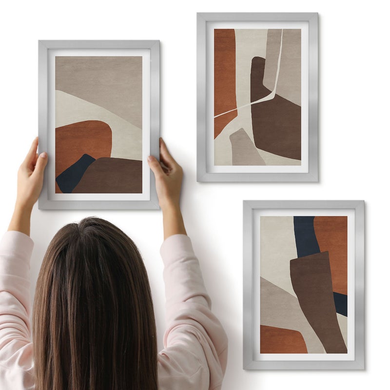 Galeria ścienna 3-częściowy komplet obrazów w srebrnych ramach - Abstrakcja kształtów struktury w nowoczesnym stylu - ArtPrintCave