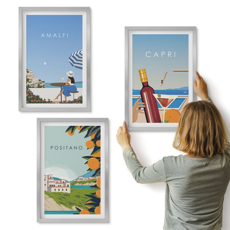 Galeria ścienna 3-częściowy komplet obrazów w srebrnych ramach - Wakacyjne widoki Amalfi Positano i Capri - ArtPrintCave