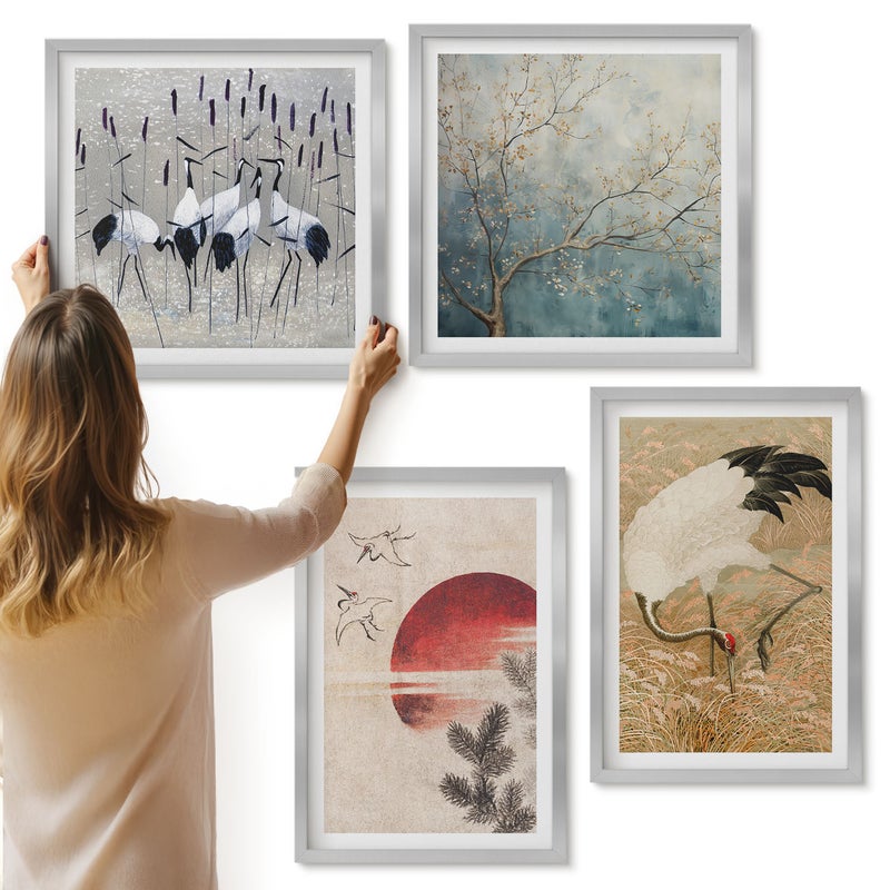 Galeria ścienna 4-częściowy komplet obrazów w srebrnych ramach - Japońskie ilustracje żurawi krajobraz japandi - ArtPrintCave