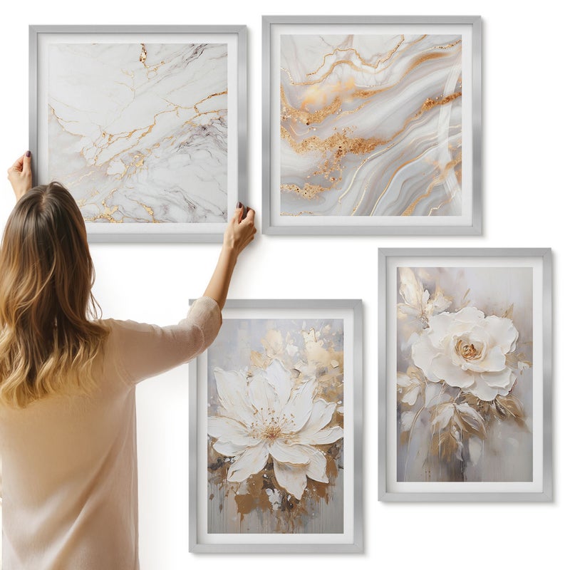 Galeria ścienna 4-częściowy komplet obrazów w srebrnych ramach - Kwiaty na jasnym tle z abstrakcyjnymi wzorami marmuru - ArtPrintCave