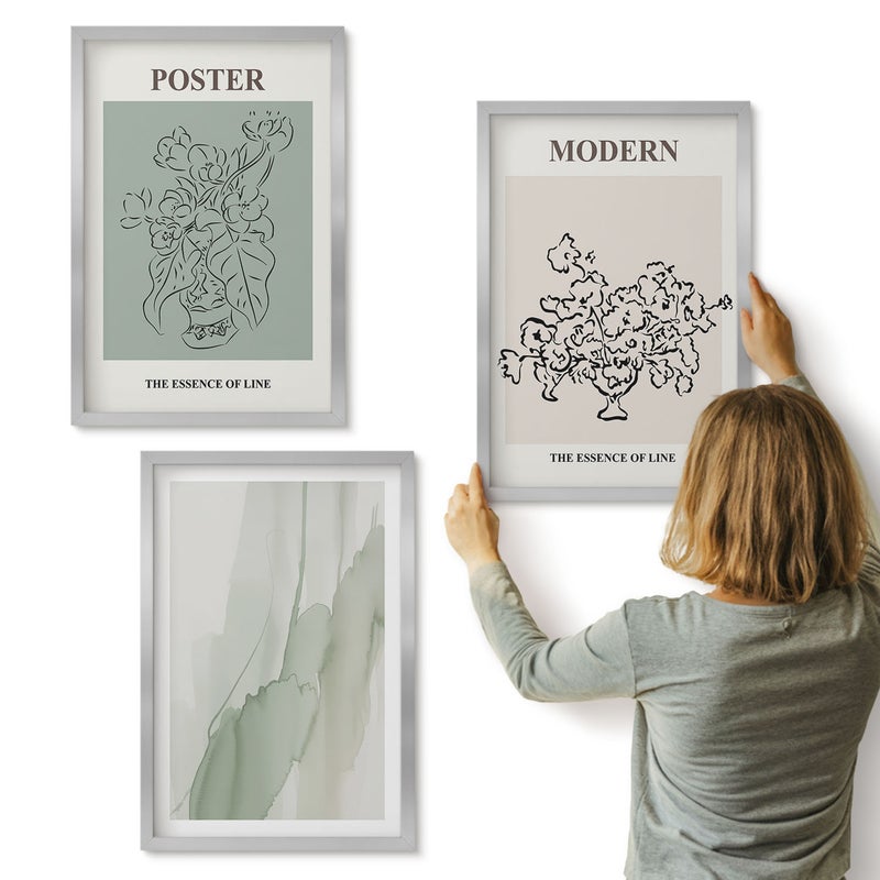 Galeria ścienna 3-częściowy komplet obrazów w srebrnych ramach - Kwiaty w wazonie w stylu nowoczesnym i minimalistycznym - ArtPrintCave