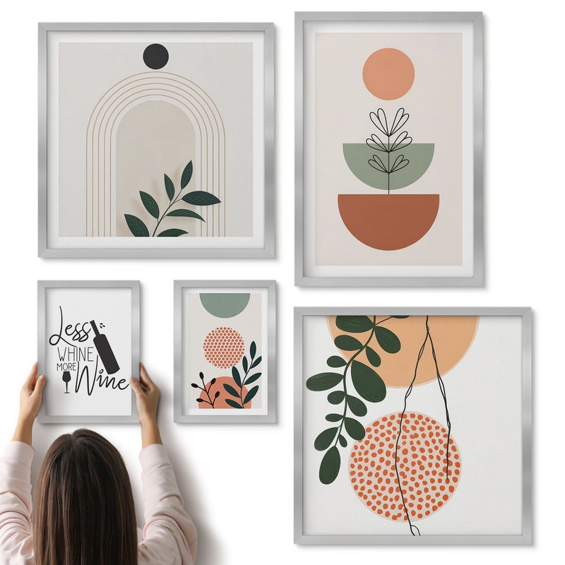 Galeria ścienna 5-częściowy komplet obrazów w srebrnych ramach - Stylowe dekoracje z roślinnymi motywami i hasłami - ArtPrintCave