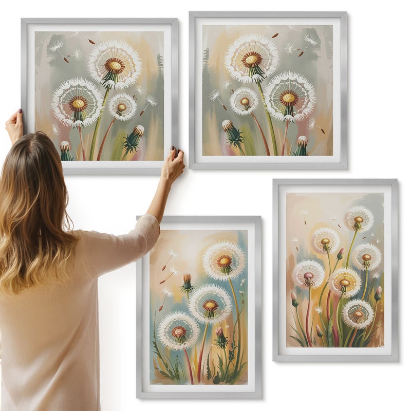 Galeria ścienna 4-częściowy komplet obrazów w srebrnych ramach - Kwiaty dmuchawców na tle pastelowych traw - ArtPrintCave