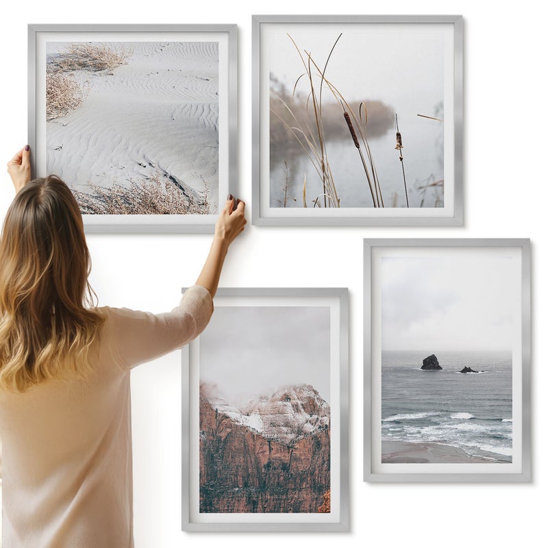 Galeria ścienna 4-częściowy komplet obrazów w srebrnych ramach - Abstrakcyjne fale w odcieniach szarości i pasteli - ArtPrintCave