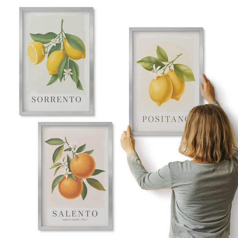 Galeria ścienna 3-częściowy komplet obrazów w srebrnych ramach - Cytryny i pomarańcze z włoskiego wybrzeża Amalfi - ArtPrintCave