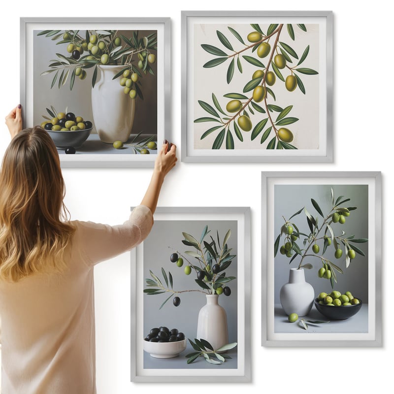 Galeria ścienna 4-częściowy komplet obrazów w srebrnych ramach - Oliwki w wazonach na tle stonowanych kolorów - ArtPrintCave