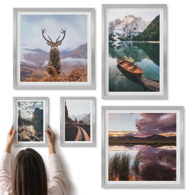 Galeria ścienna 5-częściowy komplet obrazów w srebrnych ramach - Naturalne krajobrazy z górami jeziorami i dziką przyrodą - ArtPrintCave