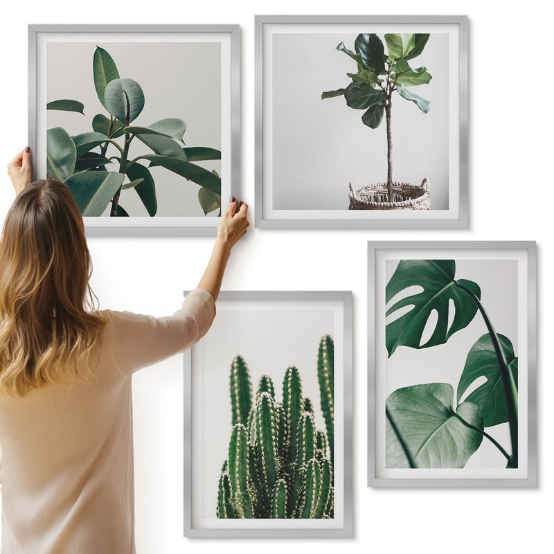 Galeria ścienna 4-częściowy komplet obrazów w srebrnych ramach - Tropikalne rośliny domowe estetyczne liście - ArtPrintCave