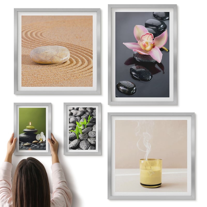 Galeria ścienna 5-częściowy komplet obrazów w srebrnych ramach - Relaksacyjne motywy zen z kamieniami i kwiatami orchidei - ArtPrintCave