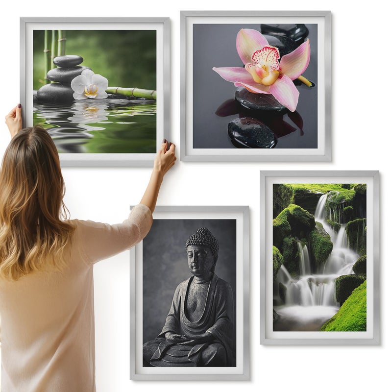 Galeria ścienna 4-częściowy komplet obrazów w srebrnych ramach - Relaksujące obrazy ZEN z wodą kamieniami i Buddą - ArtPrintCave