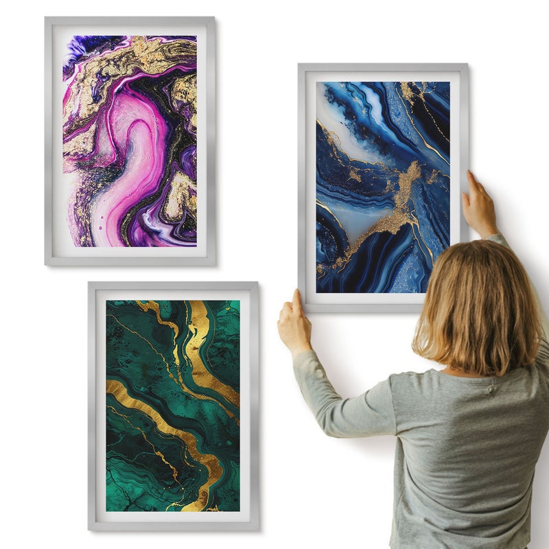 Galeria ścienna 3-częściowy komplet obrazów w srebrnych ramach - Abstrakcyjne wzory w odcieniach różu zieleni i niebieskiego - ArtPrintCave