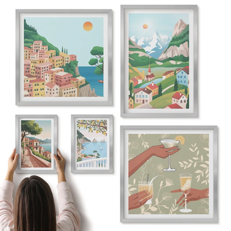 Galeria ścienna 5-częściowy komplet obrazów w srebrnych ramach - Urokliwe krajobrazy i chwile relaksu w plenerze - ArtPrintCave