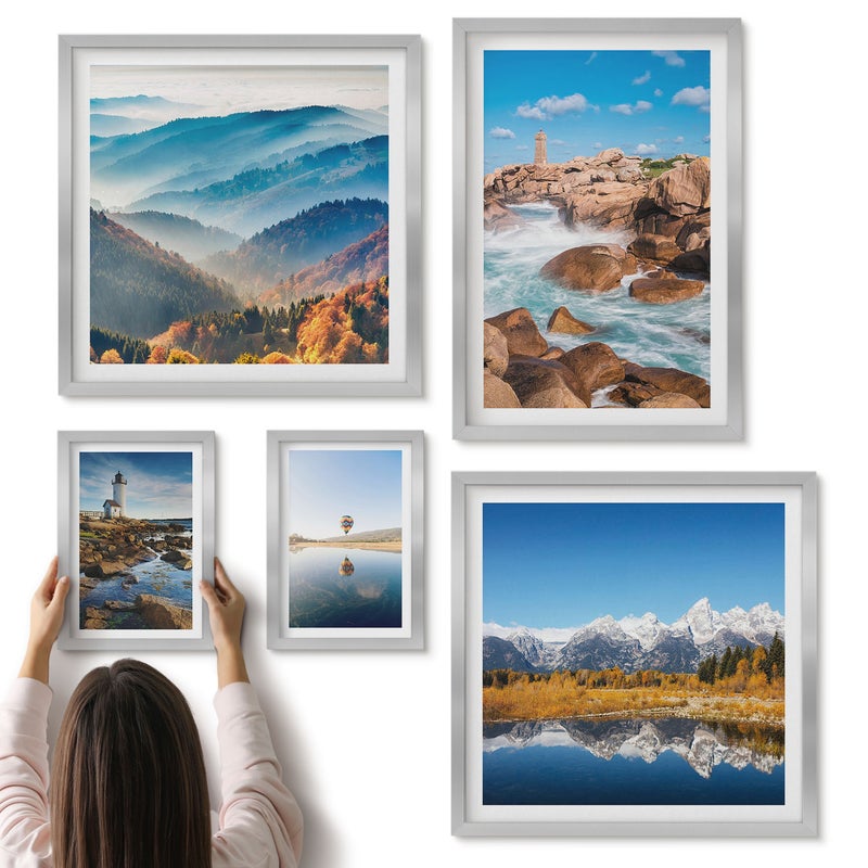 Galeria ścienna 5-częściowy komplet obrazów w srebrnych ramach - Naturalne krajobrazy góry morze i latarnie morskie - ArtPrintCave