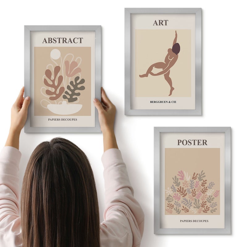 Galeria ścienna 3-częściowy komplet obrazów w srebrnych ramach - Stylowe abstrakcyjne kompozycje Henri Matisse - ArtPrintCave
