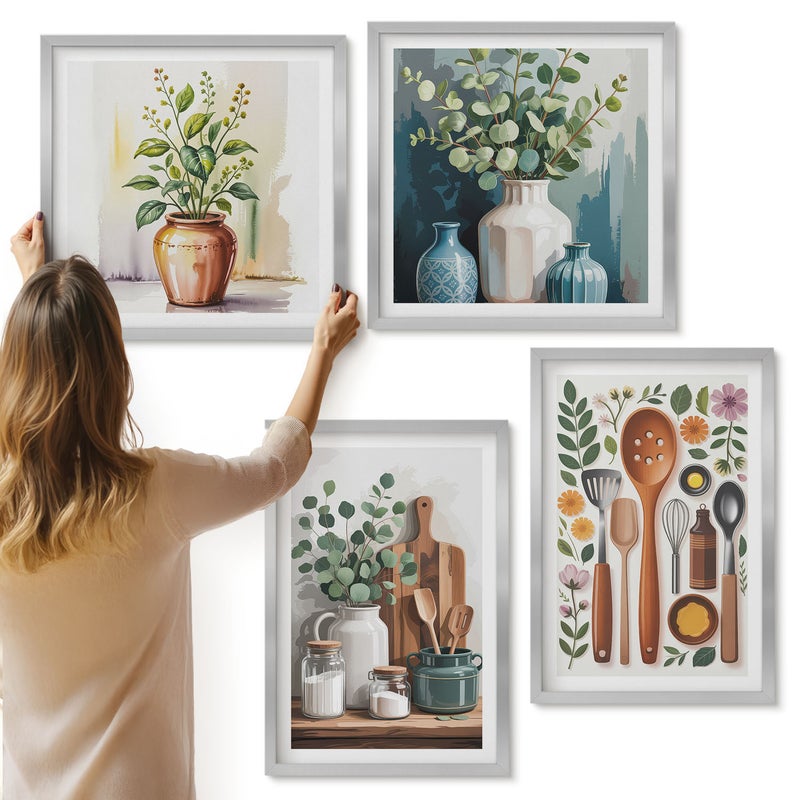 Galeria ścienna 4-częściowy komplet obrazów w srebrnych ramach - Kuchenne akcesoria z roślinami w stylu nowoczesnym - ArtPrintCave