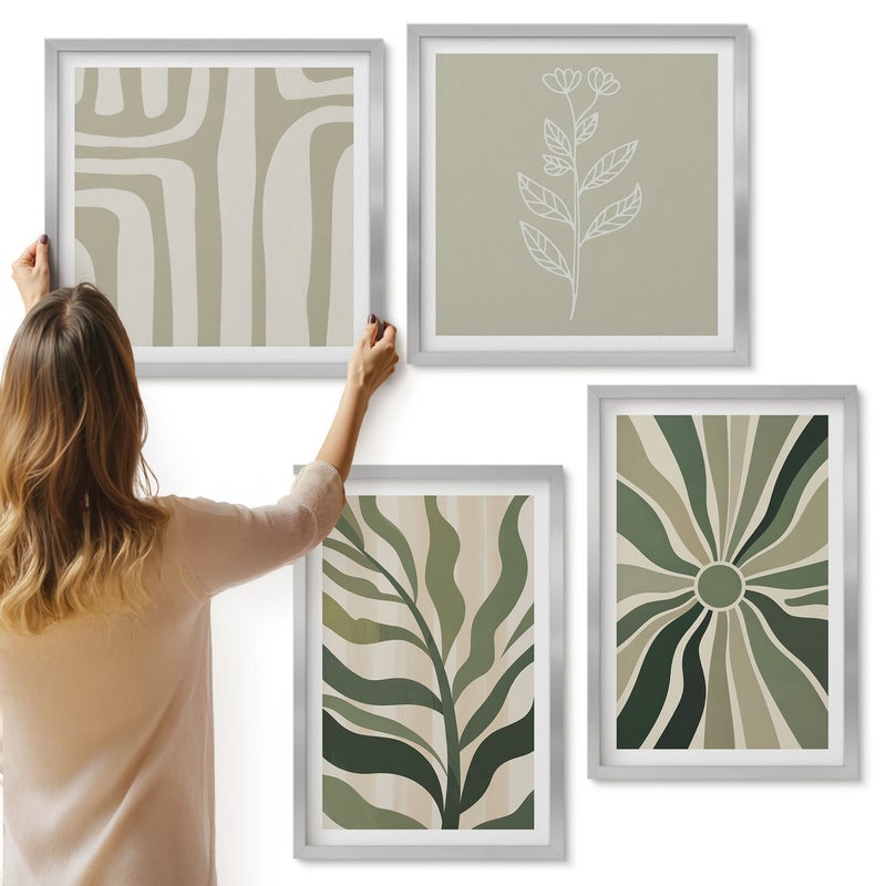 Galeria ścienna 4-częściowy komplet obrazów w srebrnych ramach - Wzory roślinne w odcieniach zieleni minimalizm - ArtPrintCave