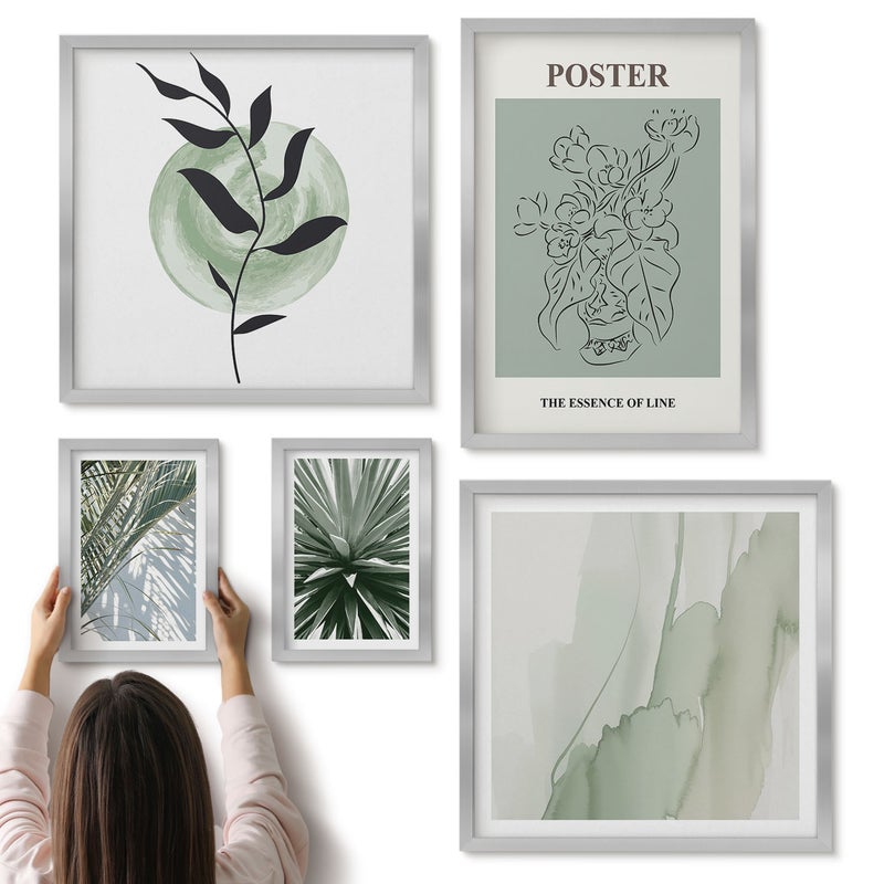 Galeria ścienna 5-częściowy komplet obrazów w srebrnych ramach - Roślinne inspiracje w delikatnych odcieniach natury - ArtPrintCave