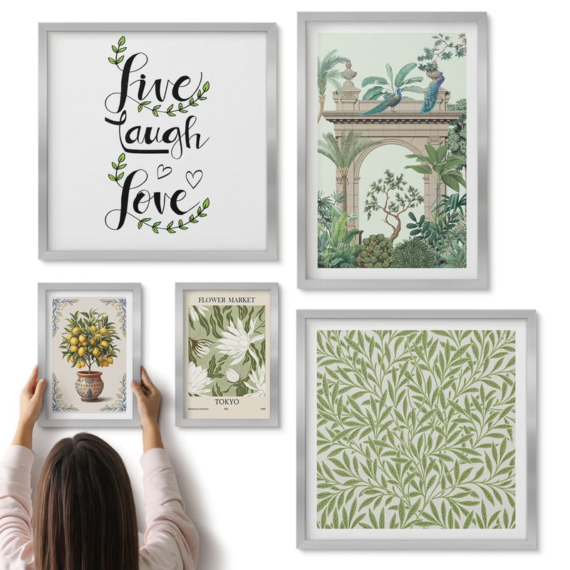 Galeria ścienna 5-częściowy komplet obrazów w srebrnych ramach - Roślinne motywy z egzotycznymi akcentami w stylu boho - ArtPrintCave