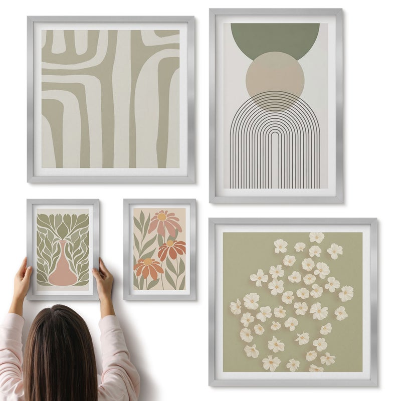 Galeria ścienna 5-częściowy komplet obrazów w srebrnych ramach - Stylowe grafiki w pastelowych odcieniach z roślinnymi motywami - ArtPrintCave