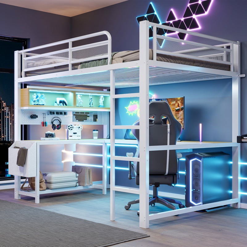 Łóżko piętrowe 140 x 200 cm z biurkiem narożnym, schowkiem, oświetleniem LED, gniazdkami i portami USB - MDF i metal - białe