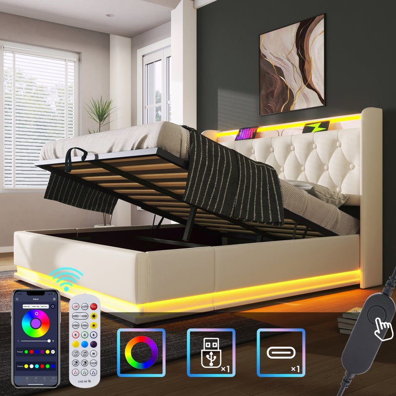 Łóżko z pojemnikiem 140 x 190 cm z oświetleniem LED, hydraulicznym schowkiem, USB i gniazdem USB typu C - PU - białe
