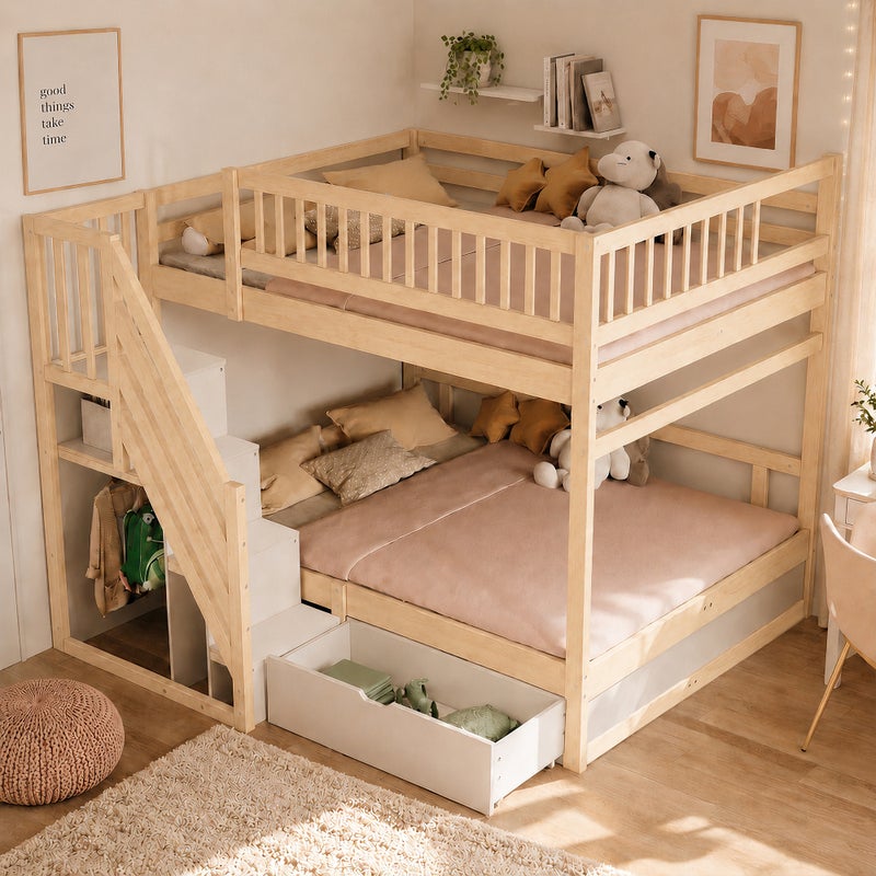 Łóżko piętrowe 2 x 140 x 200 cm ze schodkami do przechowywania, szufladą i barierkami – sosna/MDF – imitacja drewna (materac nie jest wliczony w cenę)