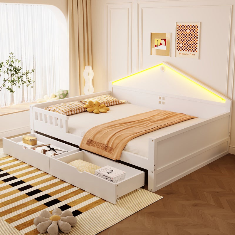 Łóżko wielofunkcyjne 140 x 200 cm z 2 szufladami i regulowanym oświetleniem LED – sosna, płyta MDF i sklejka – białe