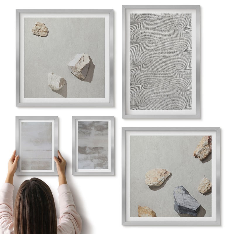 Galeria ścienna 5-częściowy komplet obrazów w srebrnych ramach - Nowoczesne struktury tekstury w minimalistycznym stylu - ArtPrintCave