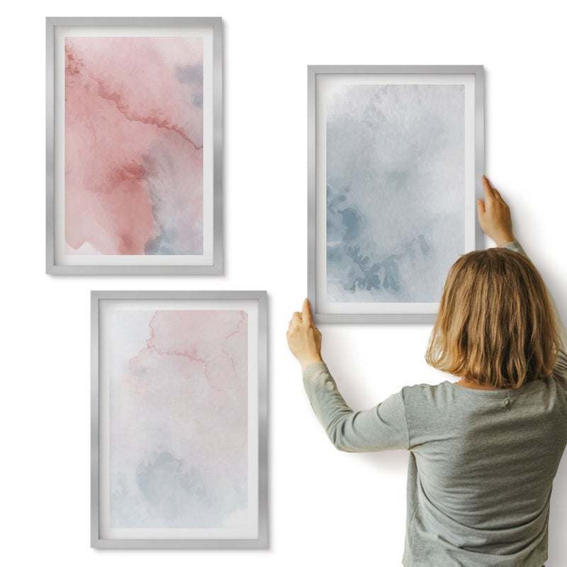 Galeria ścienna 3-częściowy komplet obrazów w srebrnych ramach - Pastelowe akwarele na płótnie kolorowe tekstury - ArtPrintCave
